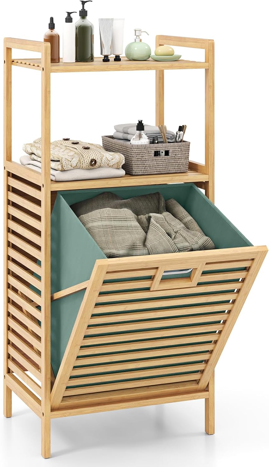 Giantex Bamboo Tilt Out Laundry Hamper with Foldable & Removable Basket