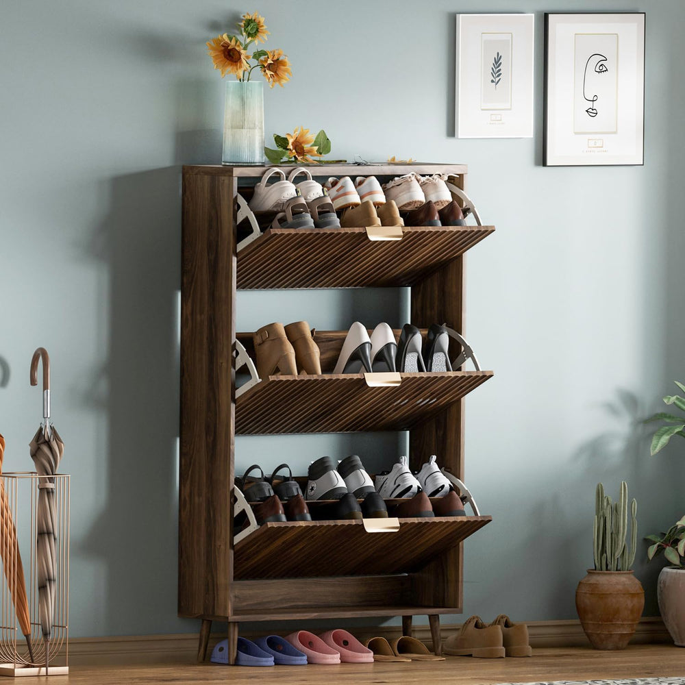 Shoe Cabinet Storage,Modern Freestanding Organizer with 3 Flip Drawers,Narrow...