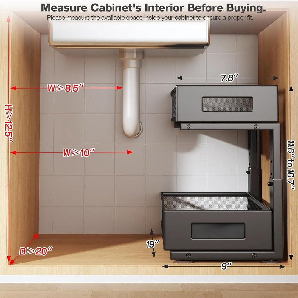 2 Packs 19IN Depth Under Sink Organizer, 2-Tier Pull Out Cabinet Organizer Wi...