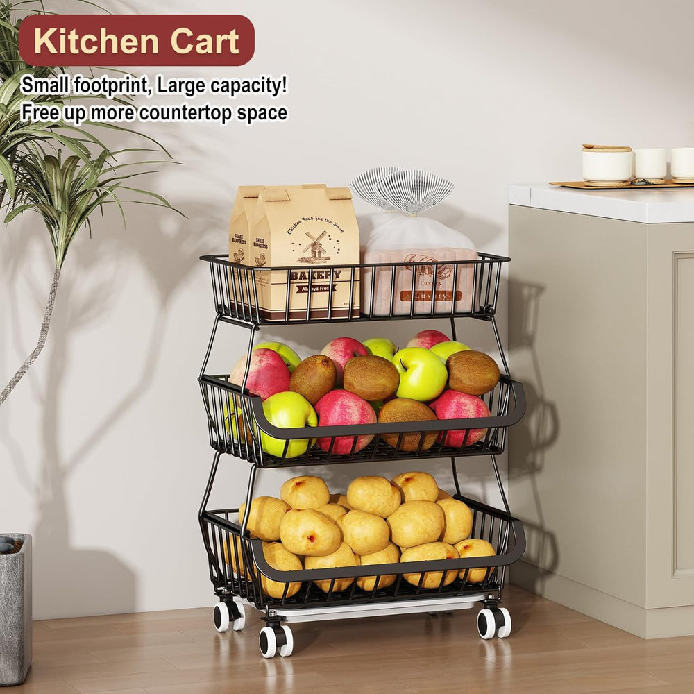3-Tier Rolling Pantry Cart with Wheels, Stackable Wire Storage Floor Organize...