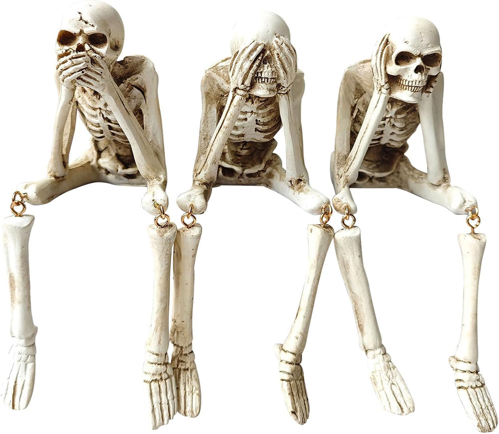 Halloween Skeleton Statues Set of 3, White Halloween Resin Skeleton Decor