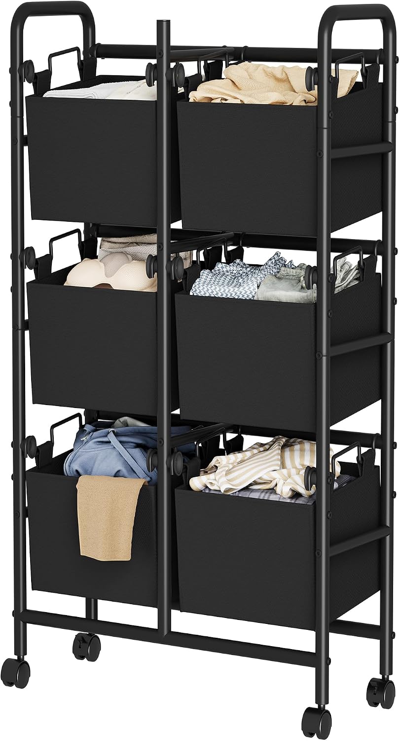 3-Tier Rolling Laundry Sorter Cart, 220L 6-Bag Laundry Hamper on Wheels