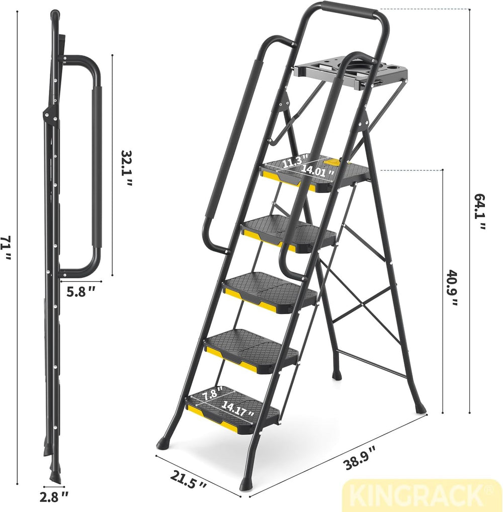KINGRACK 5 Step Ladder, Sturdy Steel Step Stool with Anti-Slip Wide Pedals, H...