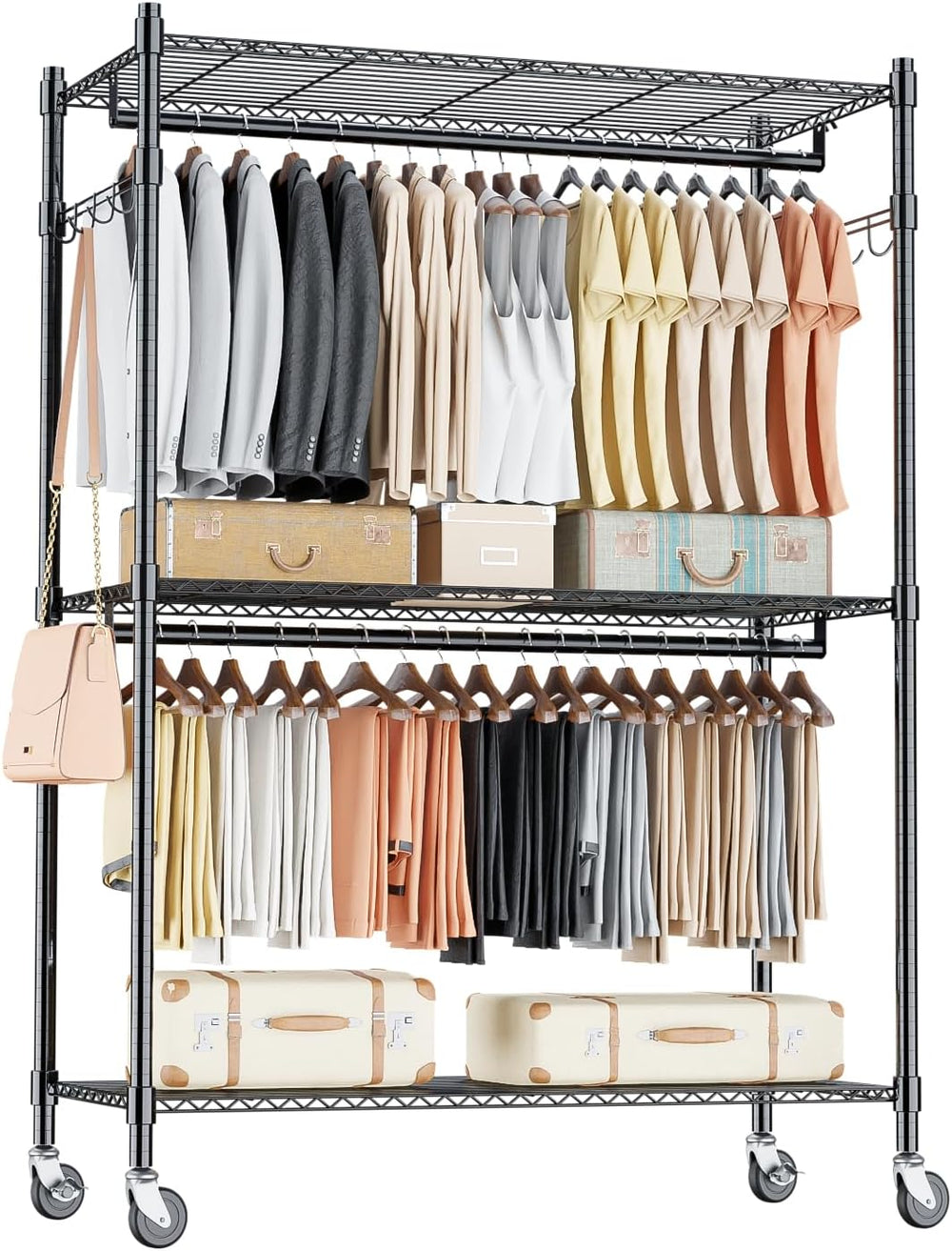 Homdox 3 Tier Heavy Duty Garment Rack with Wheels, Adjustable Wire Clothes Ra...