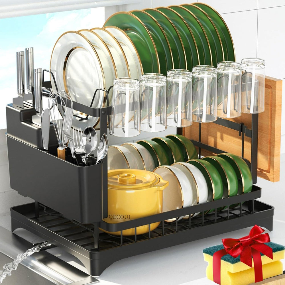 2-Tier Dish Drying Rack with Drainboard, Sink & Countertop Metal Dish Rac...