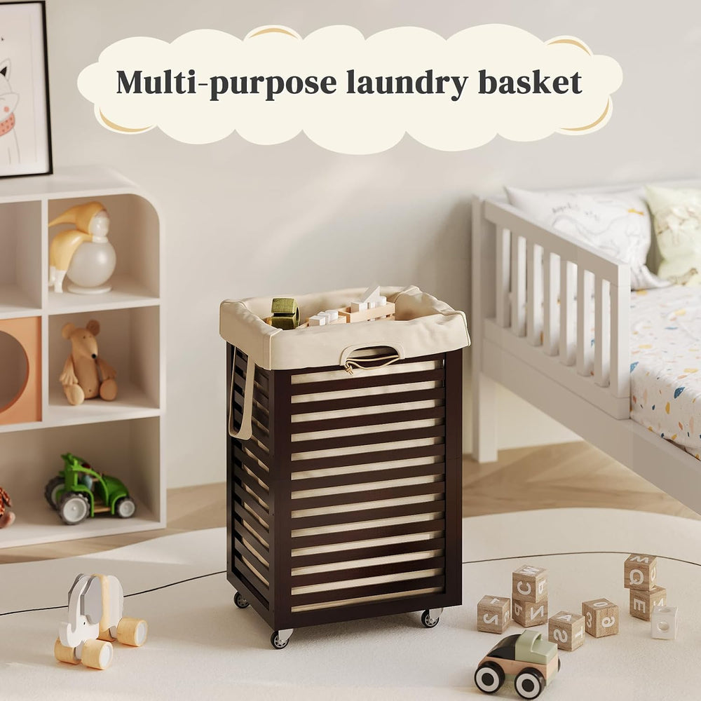 Bamboo Rolling Laundry Hamper 85L Clothes Storage Pin with Removable Liner