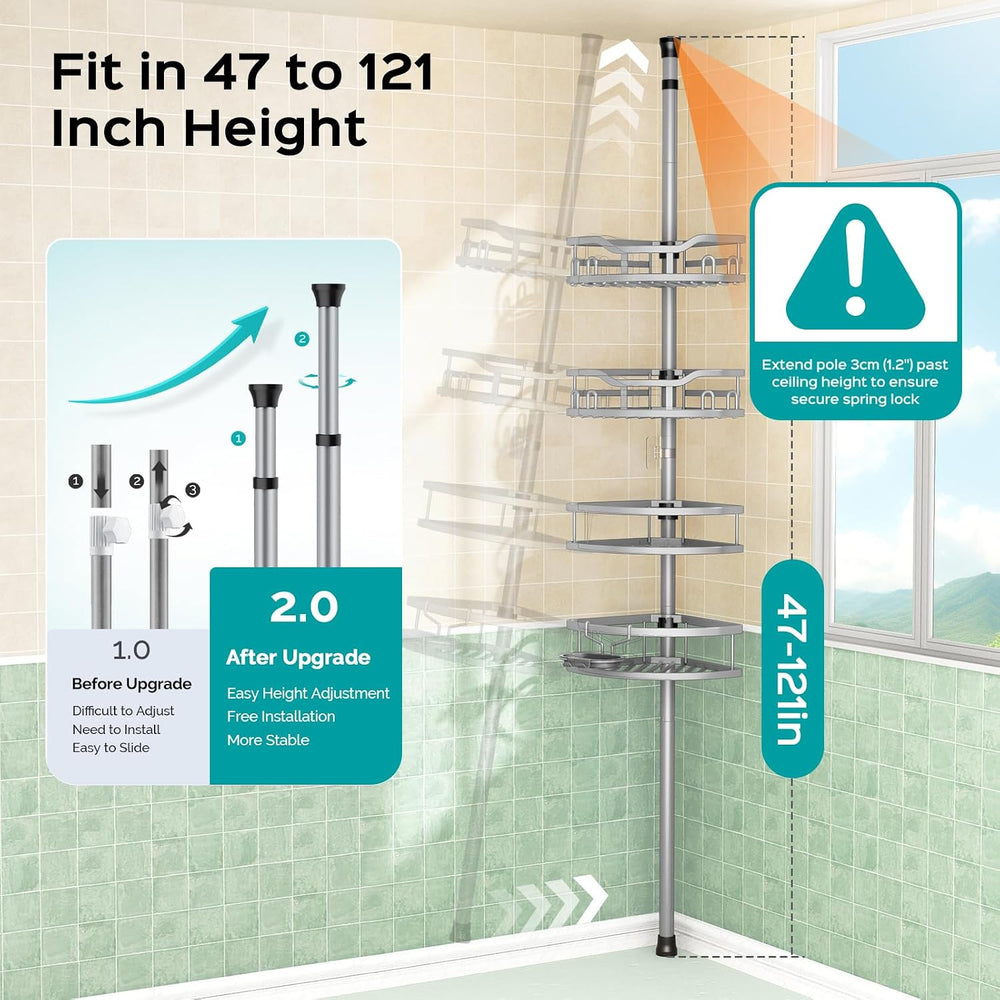 HAMITOR Corner Shower Caddy Tension Pole: Rustproof Stable 4-Tier Bathroom Or...
