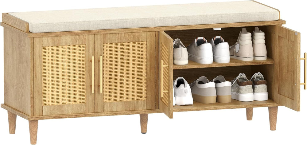 Akxomel 47.2" Rattan Shoe Storage Bench 4 Doors Wooden Entryway Bench Oak