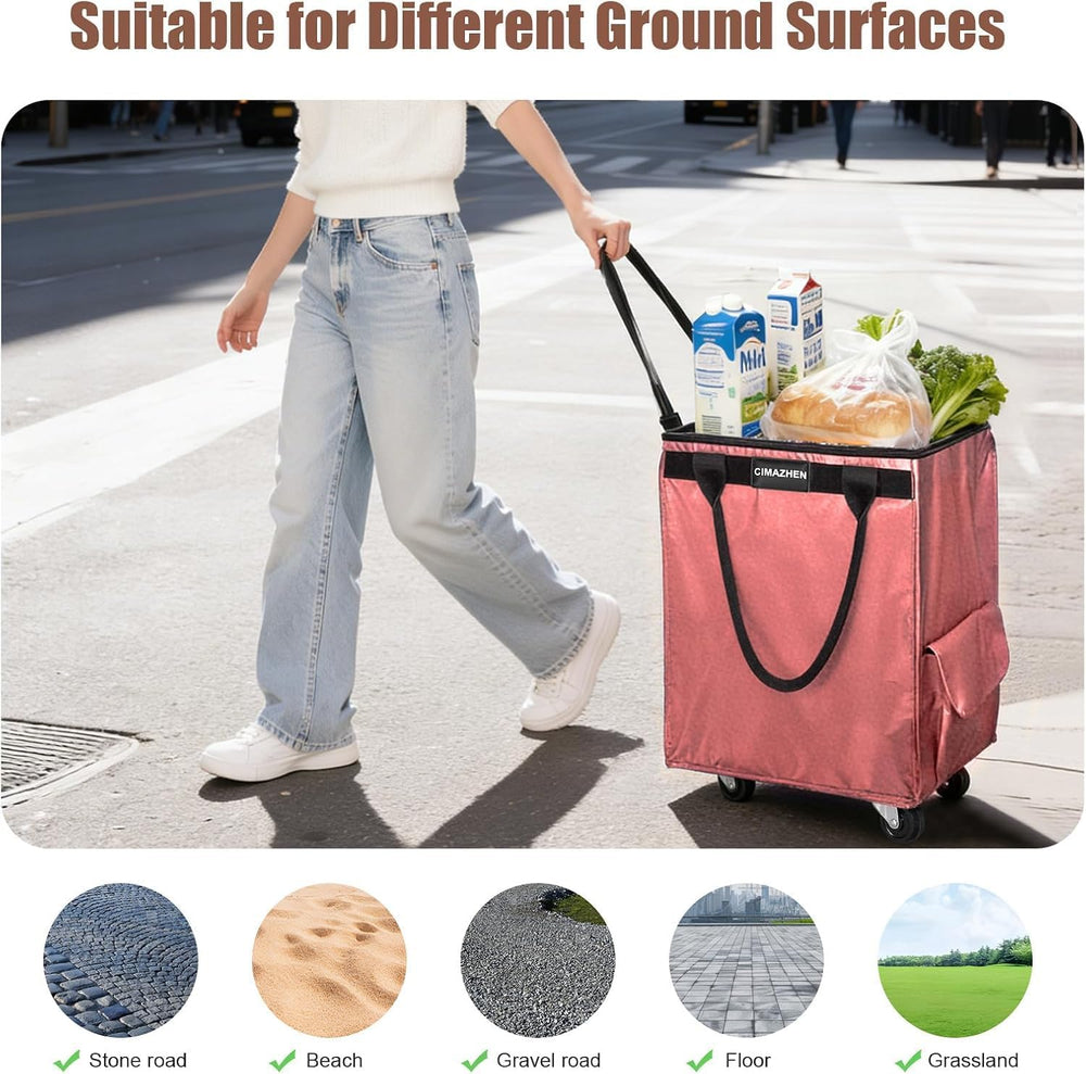 Rolling Grocery Bag on 4 Wheels, Reusable Shopping Tote Bag with 3 Handles