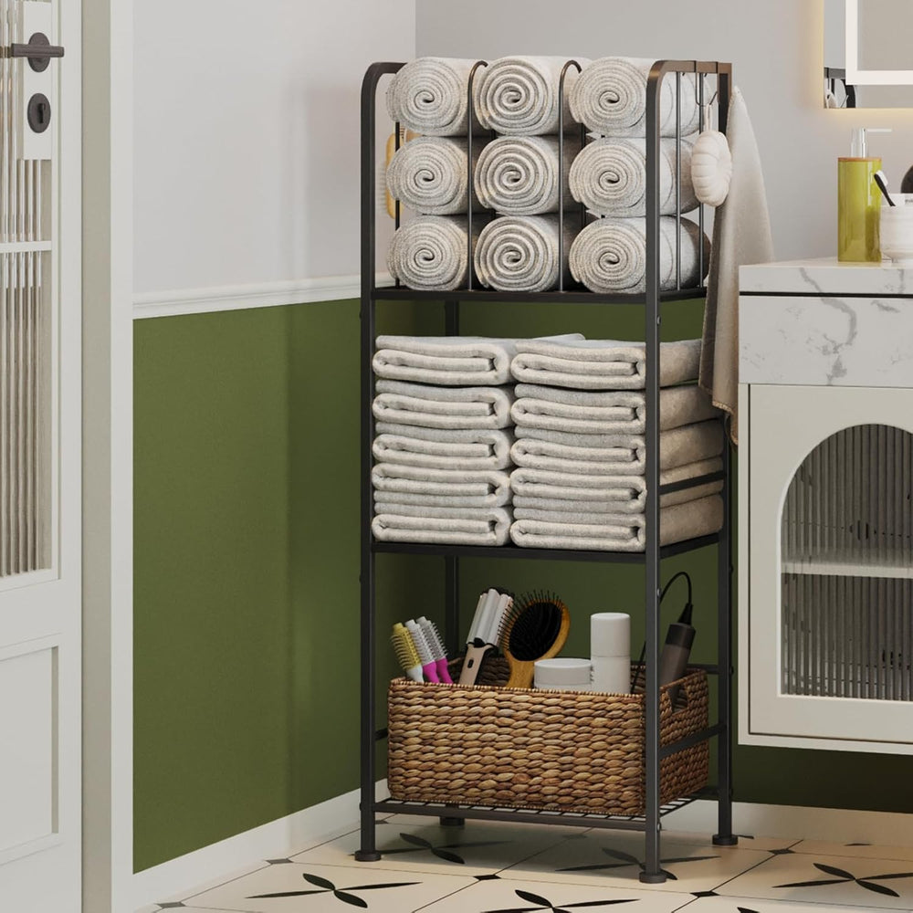 3-Tier Freestanding Cabinet Towel Rack Metal Stand, Black
