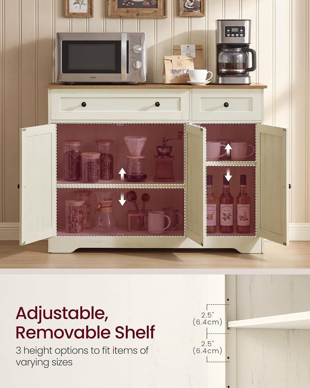 VASAGLE Buffet Cabinet, Sideboard, 3 Doors, 42.1 x 15.8 x 31.8 Inches