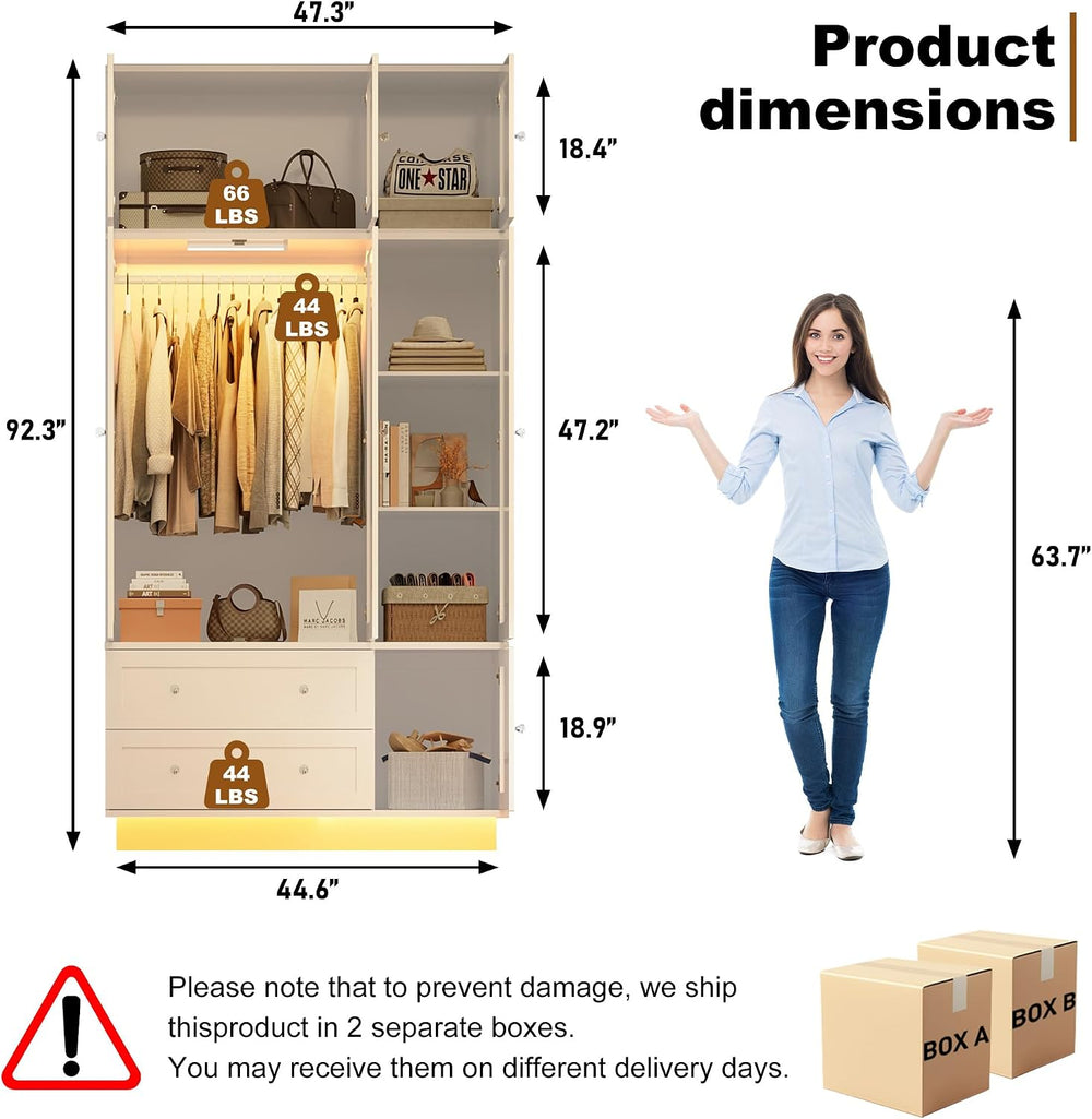 92.2" Tall Armoire Wardrobe Closet with Mirror & Motion Sensor Light...