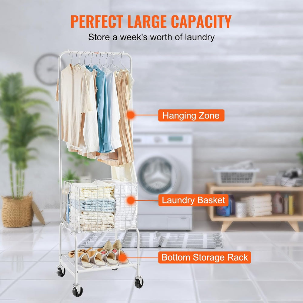 VEVOR Metal Rolling Laundry Basket with Hanging Garment Rack, Laundry Hamper ...