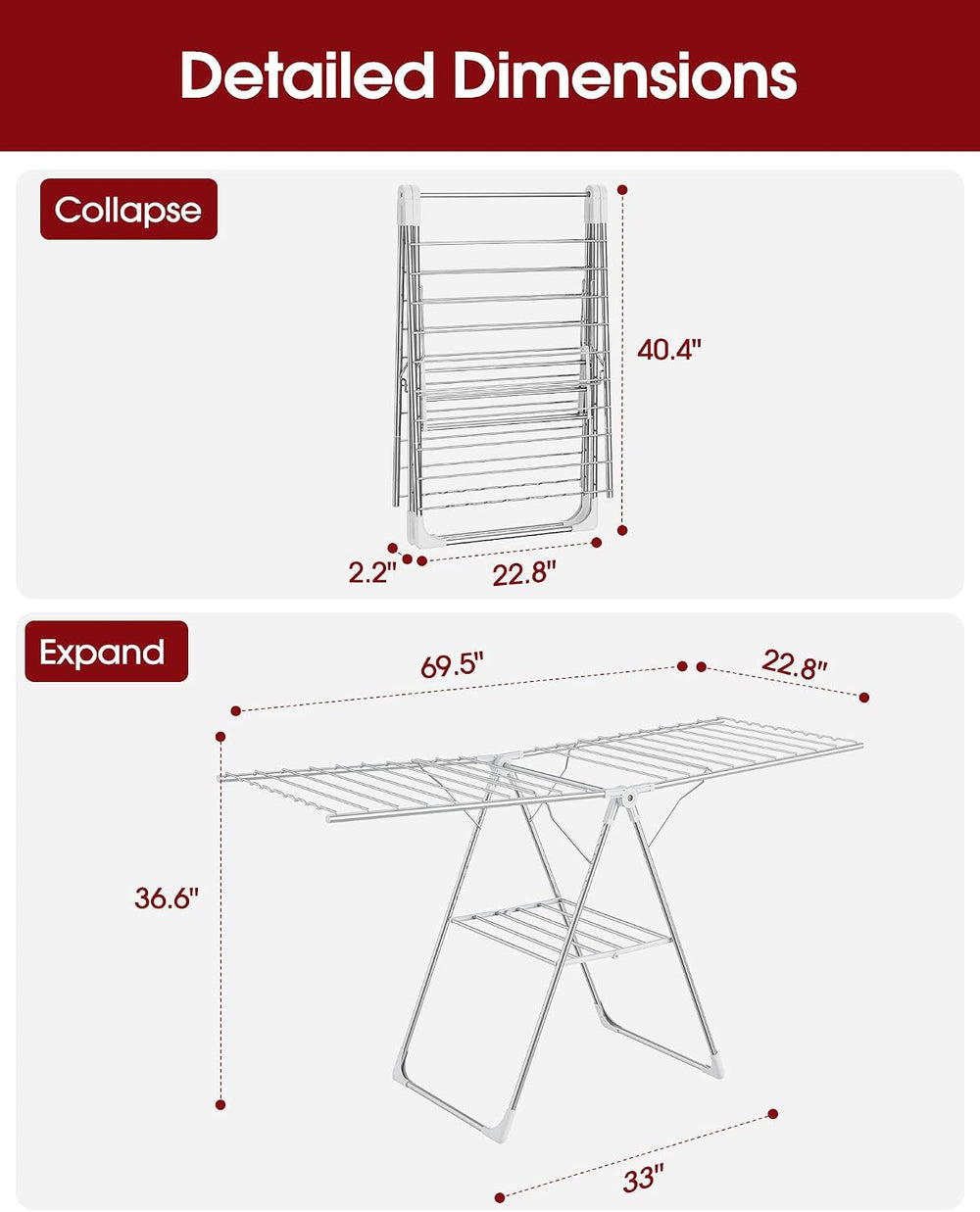 Clothes Drying Rack, 69.5" Adjustable Wings, Foldable Design