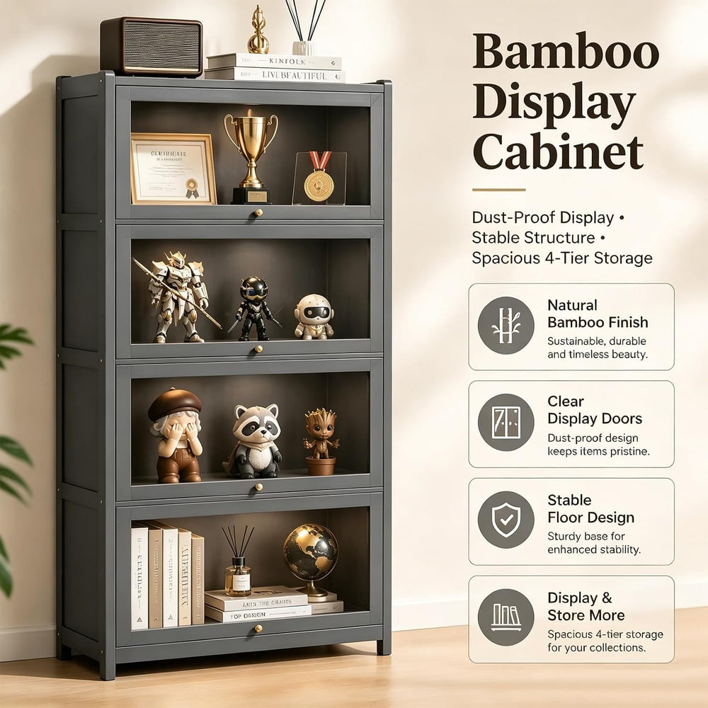 Display Cabinet with Doors, 4-Tier Bamboo Curio Cabinet for Small Space, Figu...