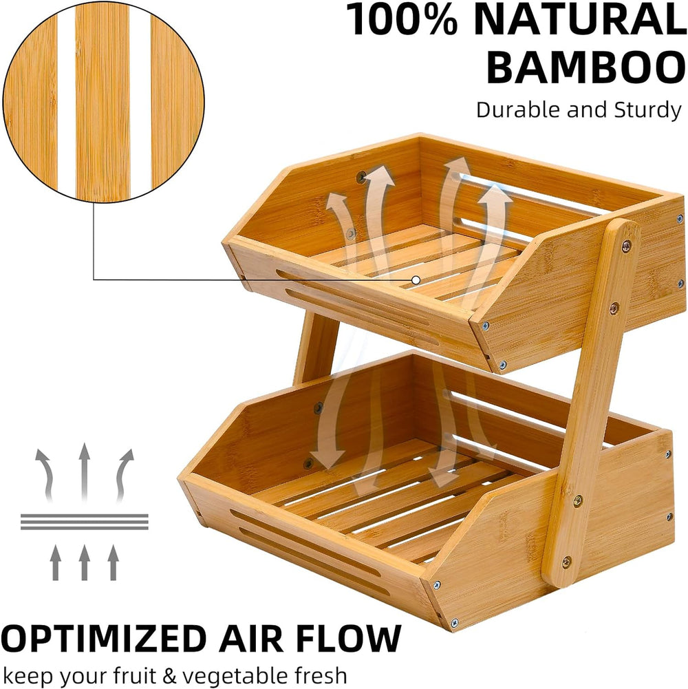 2-Tier Bamboo Fruit Basket - 11" Tall Kitchen Countertop Stand