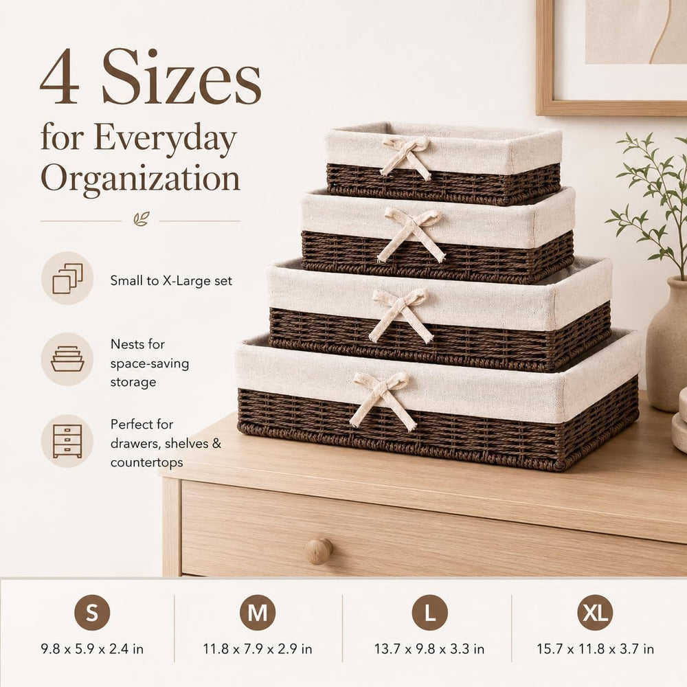 Lined Baskets for Shelves, Set of 4 Woven Paper Rope, Brown