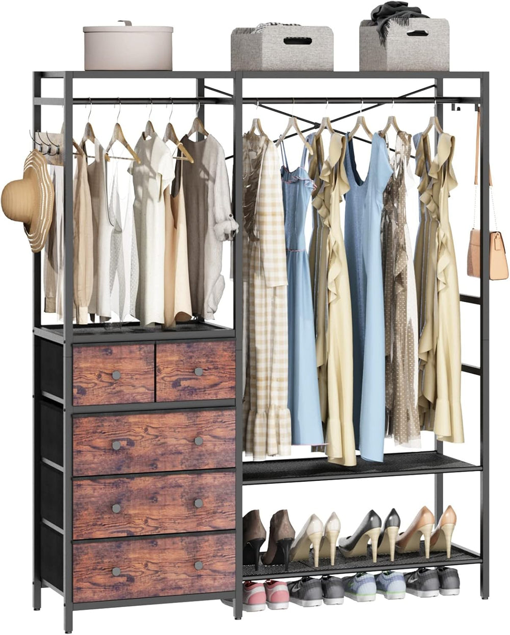 Freestanding Clothes Rack with 5 Drawers & 4 Storage Shelves,2 Hanging Rods