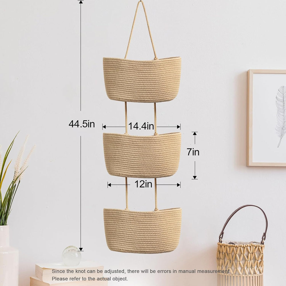Over the Door Hanging Storage Basket 3 Tier Wall Organizer Jute Color