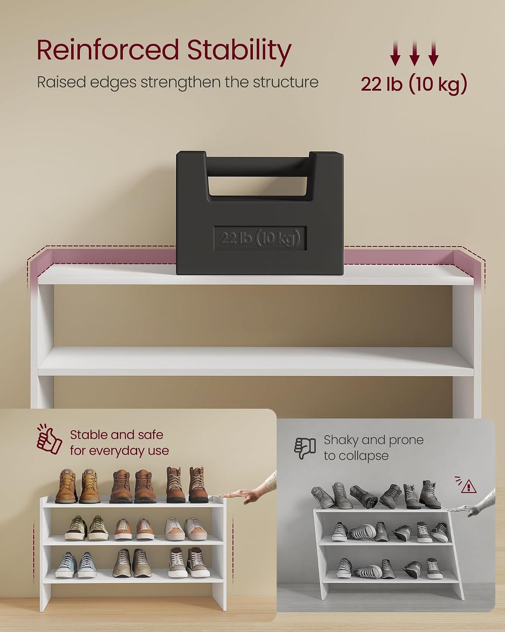 VASAGLE 3-Tier Shoe Rack for Closet, Stackable Shoe Organizer Shelf
