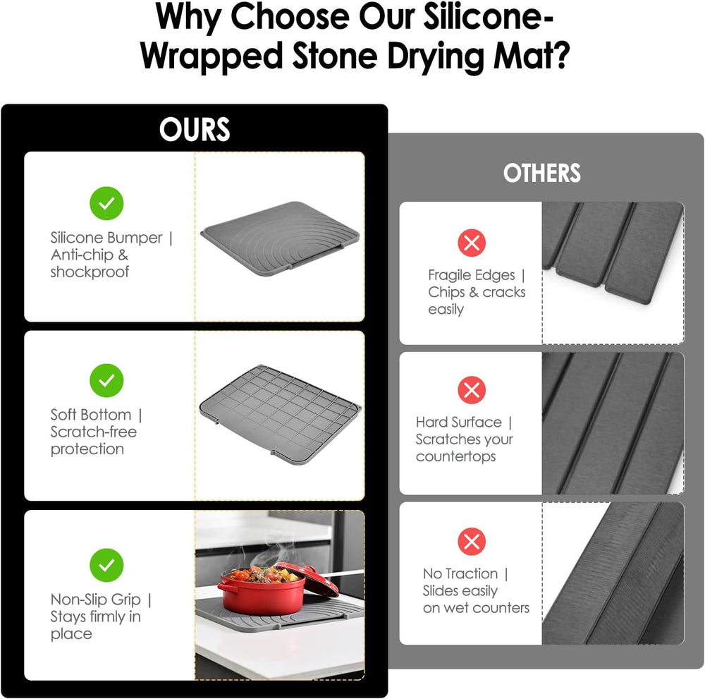 2-in-1 Stone & Silicone Dish Drying Mat, Grey_Ring line, 12.5"x15.6&...