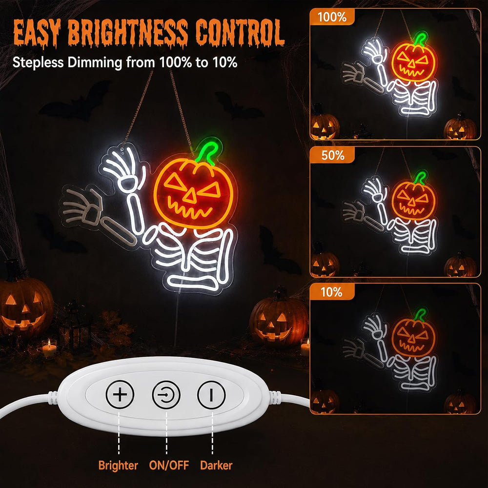 Waving Pumpkin Skeleton Neon Sign, Flashing Halloween Neon Sign, Dimmable Sku...