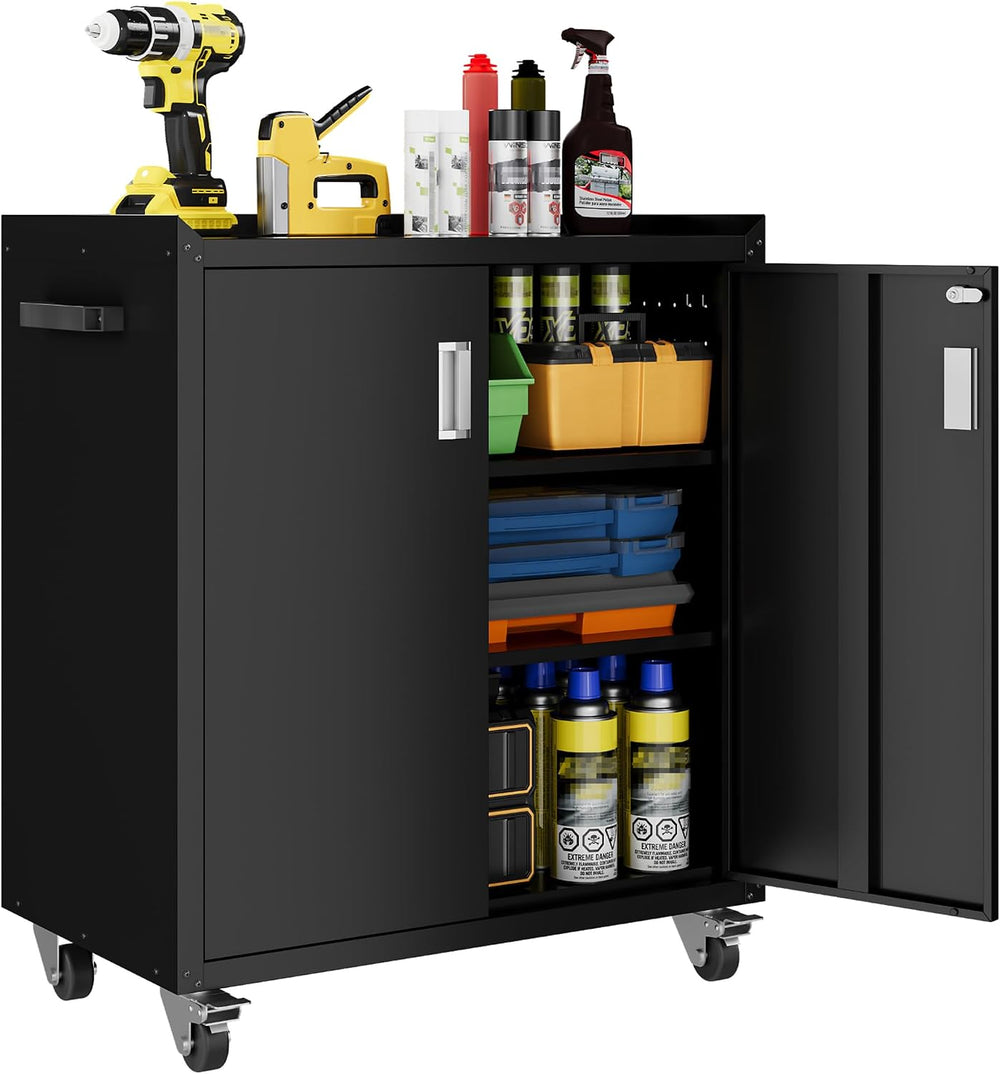 Metal Storage Cabinet with Wheels - Lockable, Rolling Tool Cabinet for Home, ...