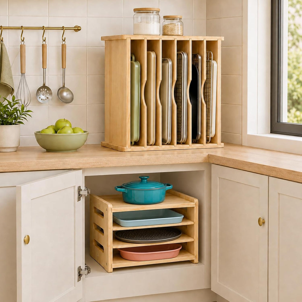 Wood Tray Dividers for Cabinets, 4 Tier, Baking Sheet Organizer for Kitchen
