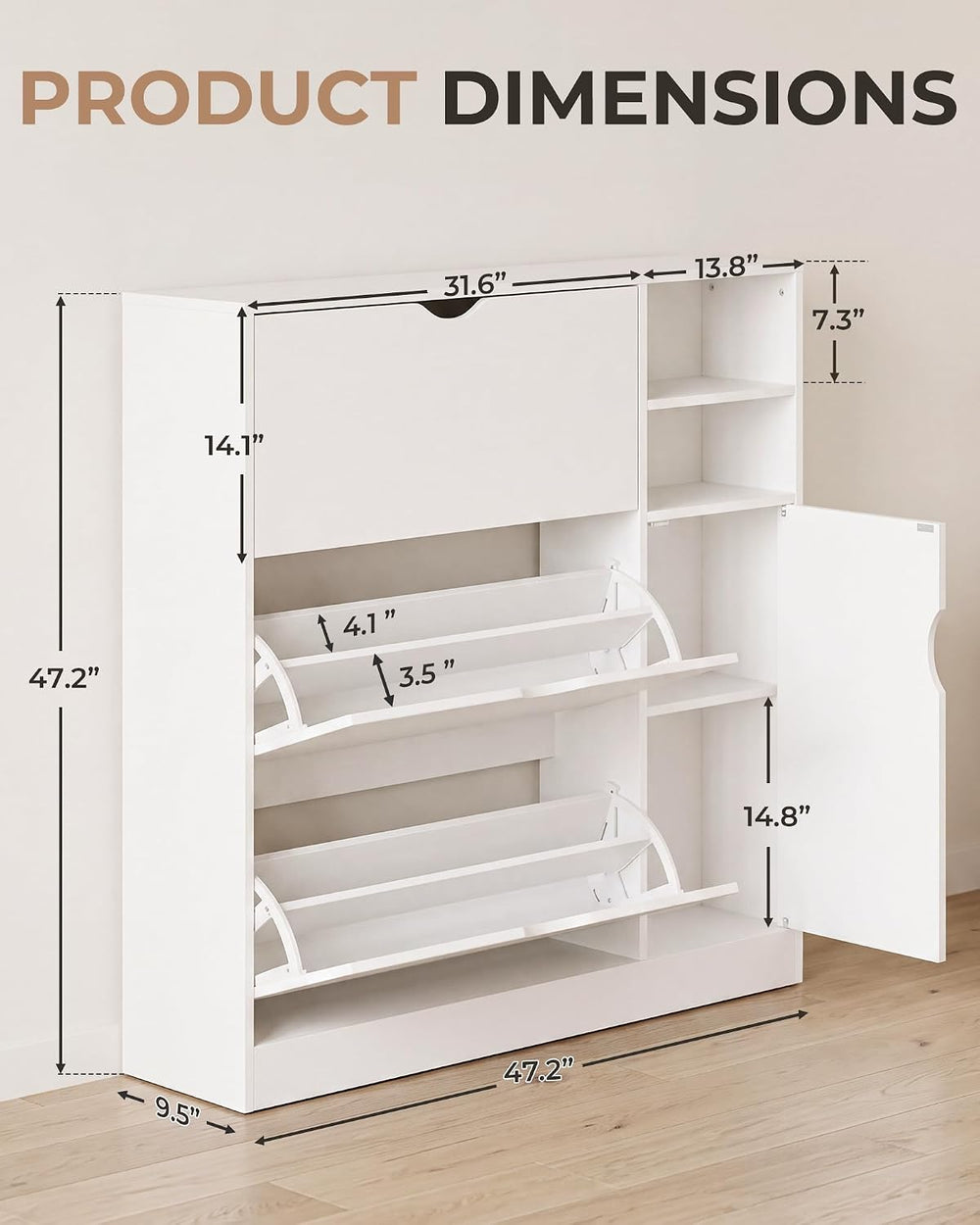 GRUSIGN Shoe Cabinet for Entryway with 3 Flip Drawers, Narrow Shoe Storage Ca...