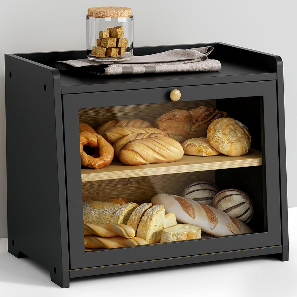 Goozii Bread Box for Kitchen Countertop, 2 Tier Large Breadbox Modern Black