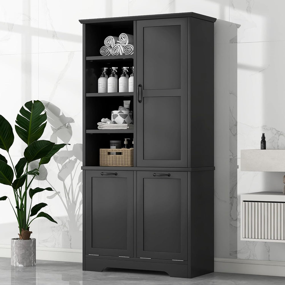 Virubi Tall Laundry Cabinet with 2 Tilt Out Laundry Hamper, Wood Bathroom Sto...