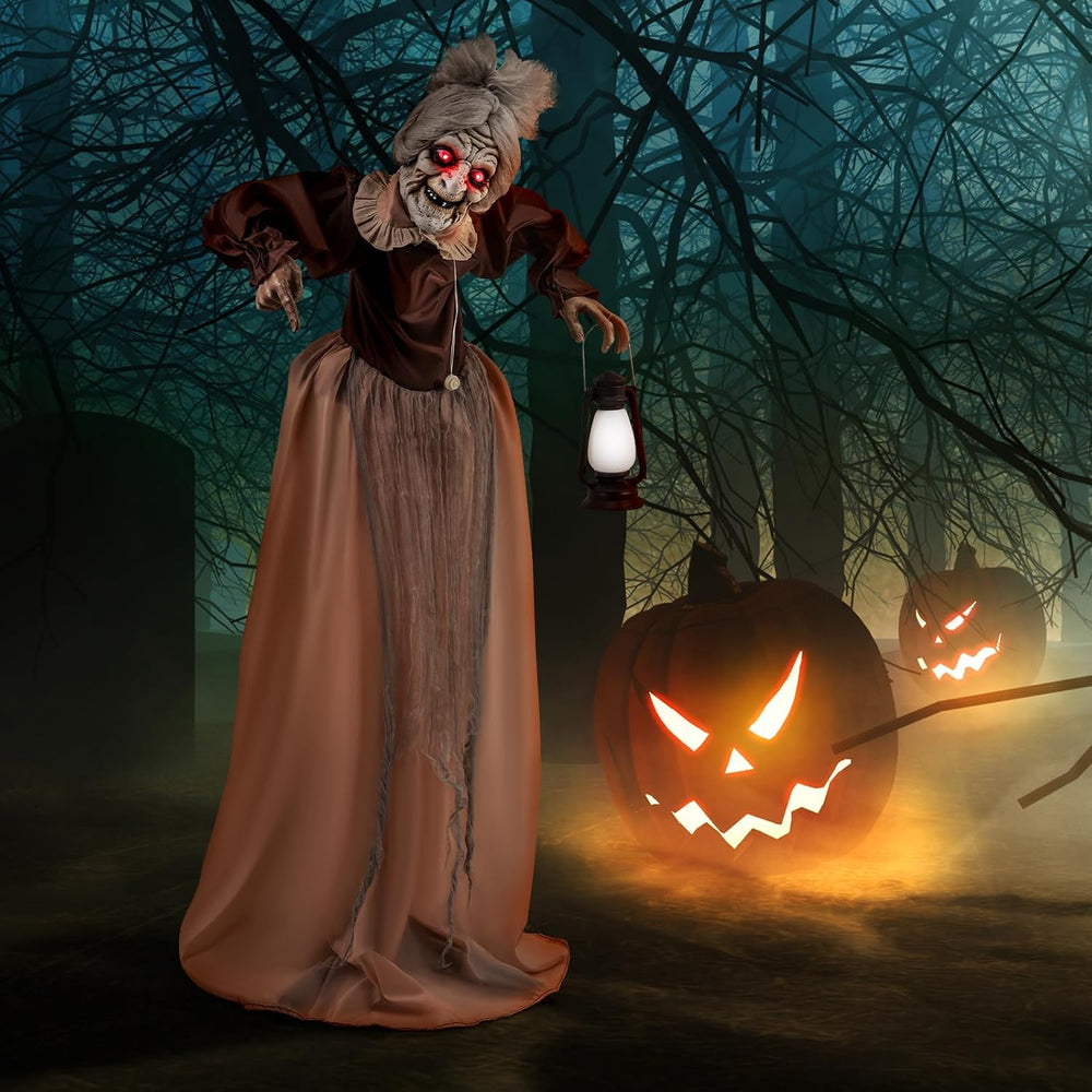 Tangkula 5 FT Halloween Standing Animated Old Lady Holding Lantern