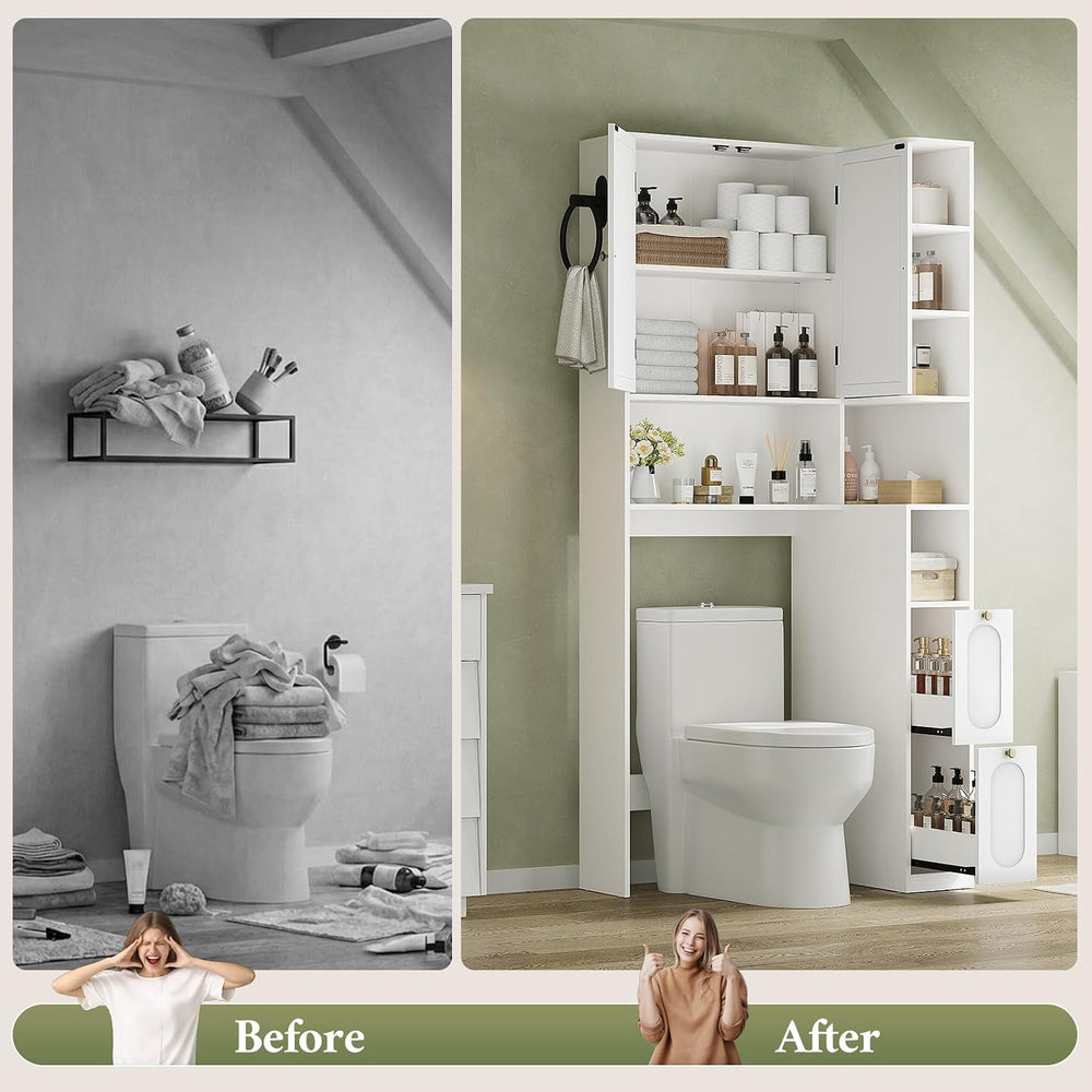 7-Tier L-Shaped Wooden Over the Toilet Storage Cabinet with Doors