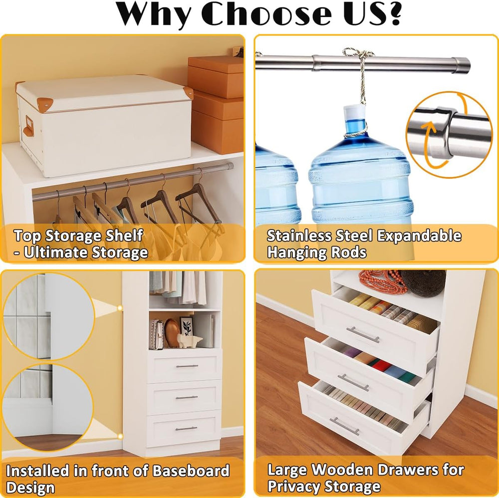 Closet System with 9 Drawers, 8FT-21FT Closet Organizer Systems with 9 Hangin...