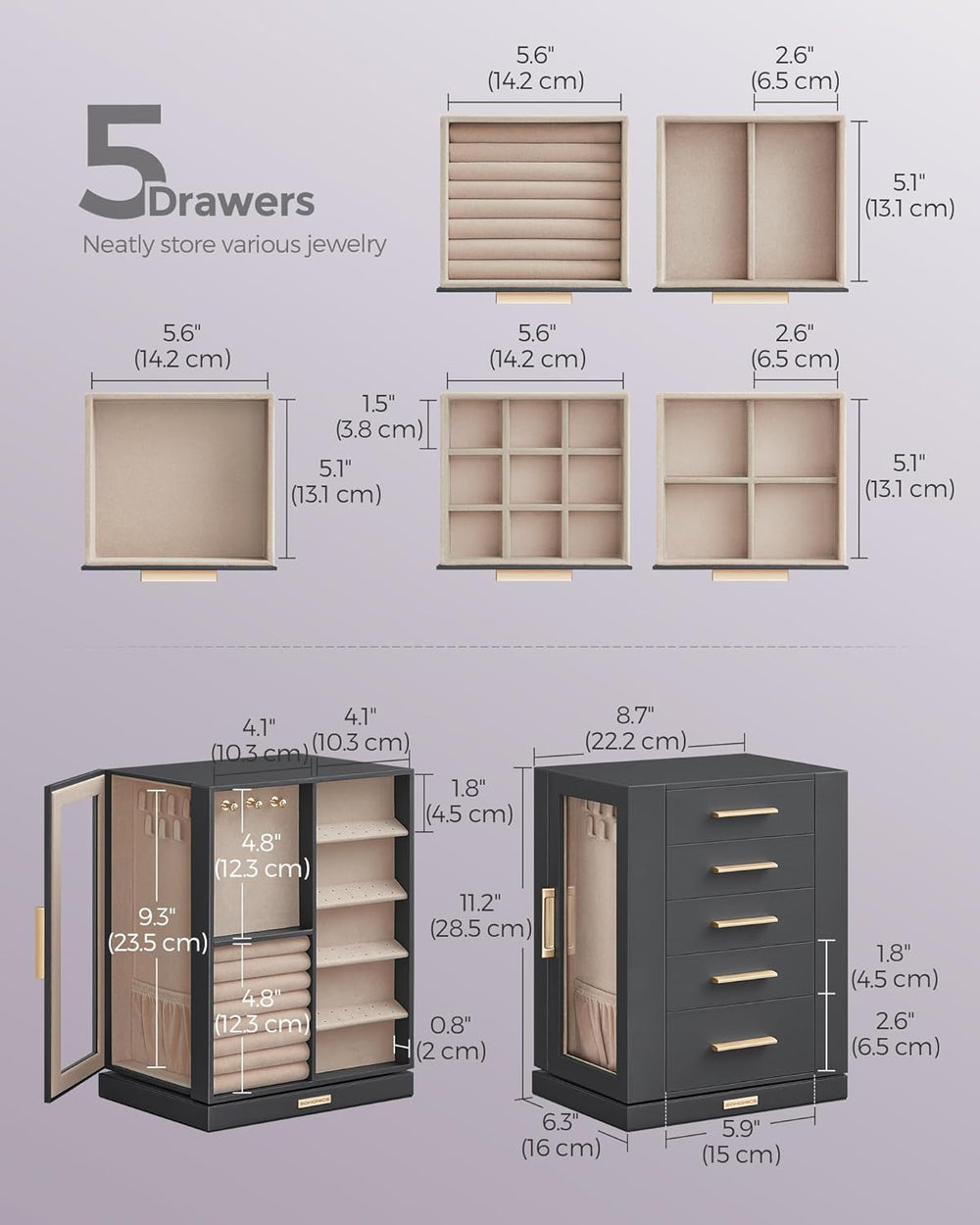 SONGMICS Jewelry Box Organizer, 360° Rotating, 5 Drawers, Slate Gray