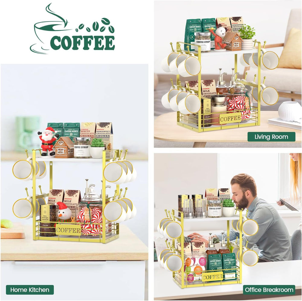 Coffee Mug Cup Holder Tree Bar Station Organizer, 2 Tier Gold