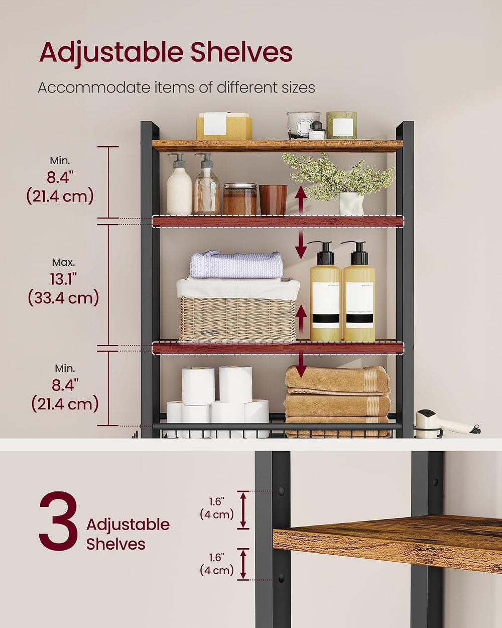 VASAGLE 4-Tier Over the Toilet Storage, Adjustable Shelves, Basket, 68.1'...