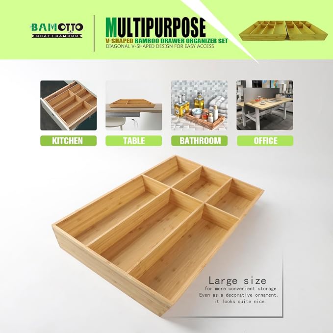 V-Shaped Extra Large Bamboo Drawer Organizer Set of 2, Kitchen Cutlery Tray