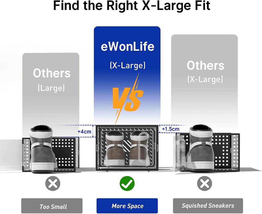 eWonLife X-Large Shoe Boxes with Magnetic Door, 12-Pack Stackable Shoes Stora...