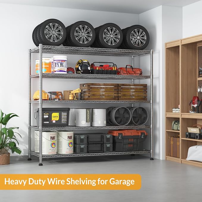 Himimi Storage Shelves with Wheels, 5-Tier Heavy Duty Steel Wire Rack Storage