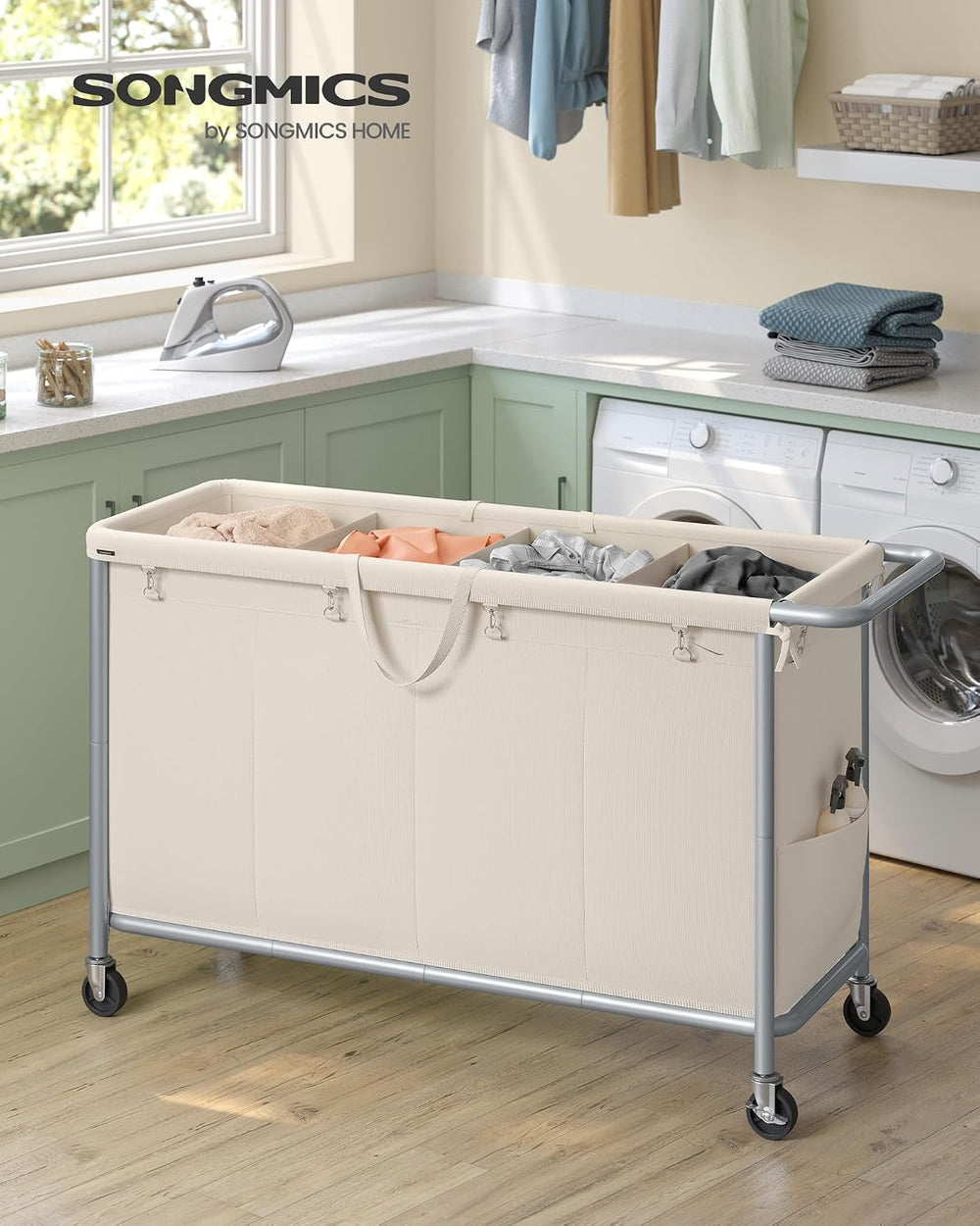 SONGMICS Laundry Basket with Wheels, 4-Section, 68.6 Gallons (260 L)