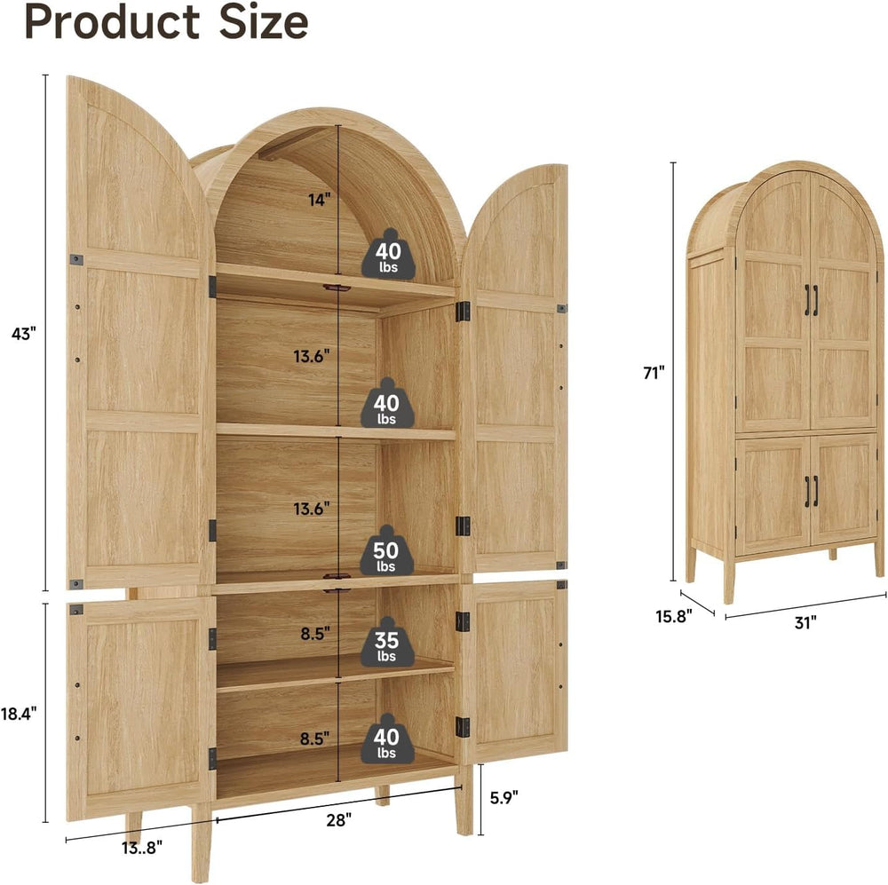 71" Tall 5-Tier Arched Cabinet, Arched Kitchen Pantry Cabinet Oak