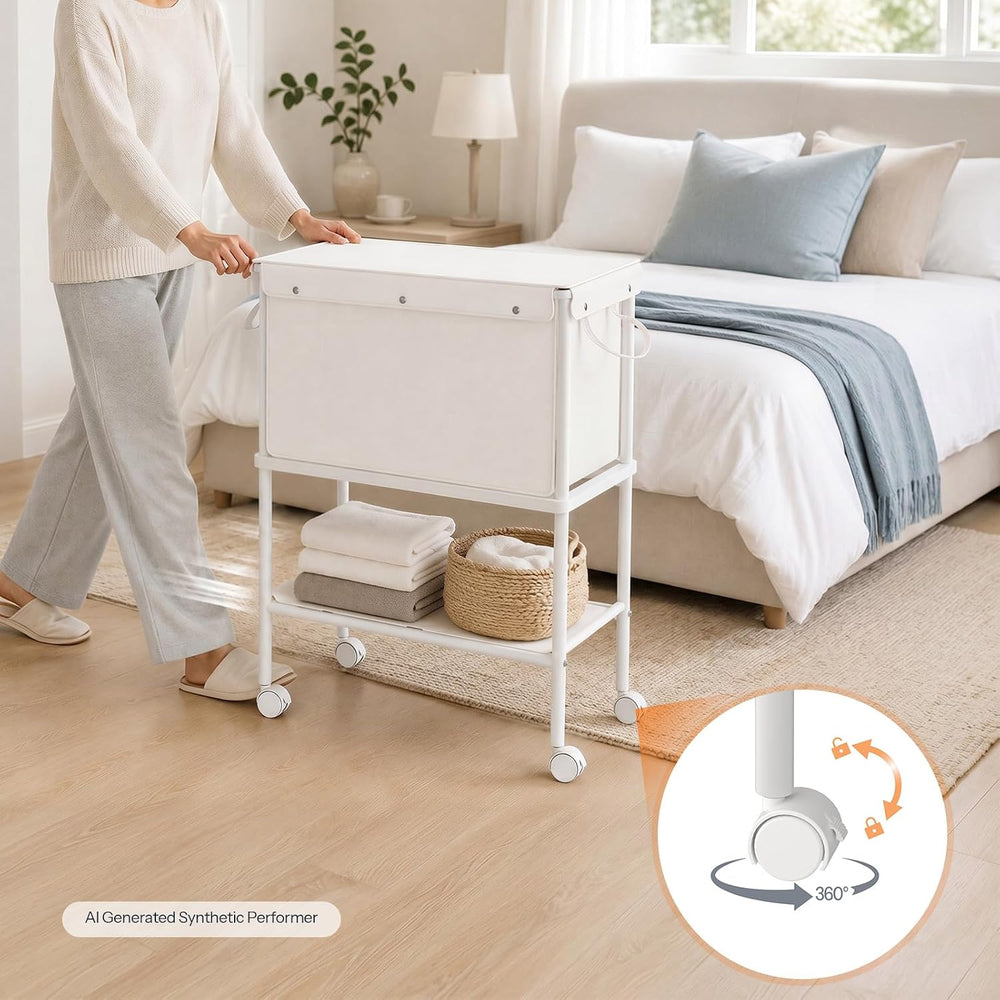 HOOBRO Rolling Laundry Cart with Lid & Shelf, 2-Tier Laundry Basket