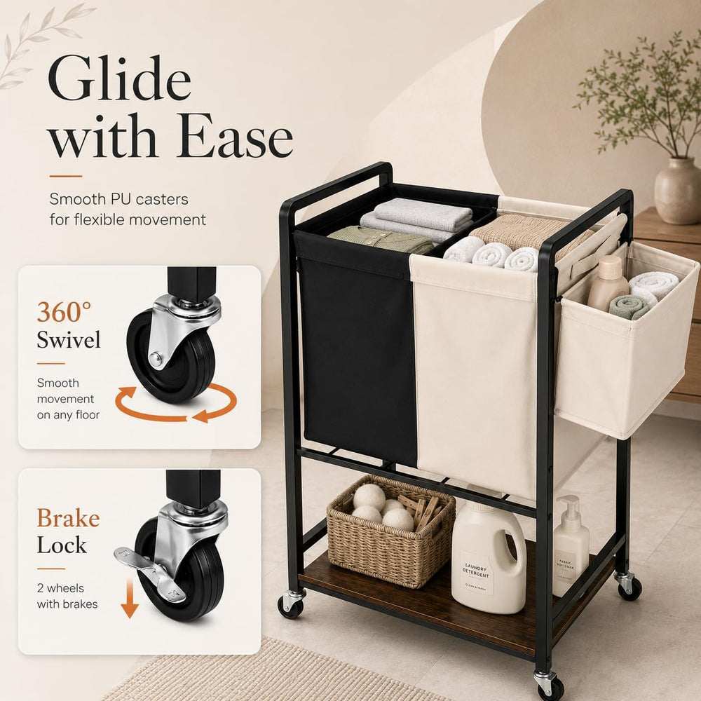 Rolling Laundry Sorter Cart with 2 Removable Bags, Double Laundry Hamper with...