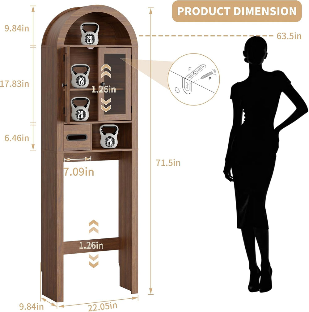 Arched Over the Toilet Storage Cabinet with Tempered Glass Doors, Walnut