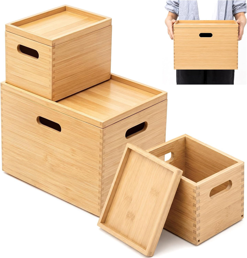 Sintuff 3 Pcs Stackable Bamboo Storage Box with Lid and Handle - Large 14.6&q...