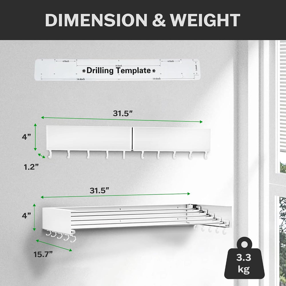 Foldable Wall Mounted Drying Rack - 31.5” Wide, 13.2 Ft Drying Space, 5 Rust-...