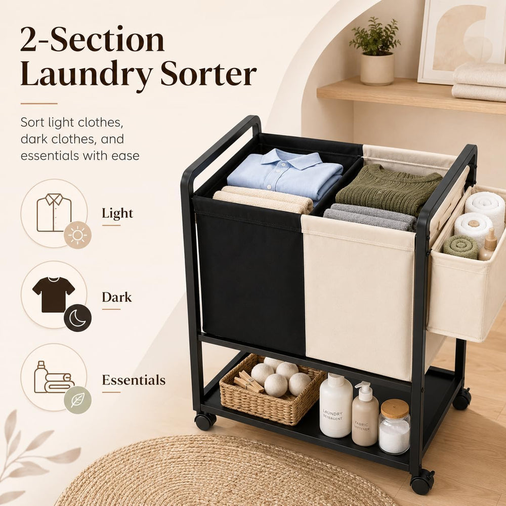Rolling Laundry Sorter Cart with 2 Removable Bags, Double Laundry Hamper with...
