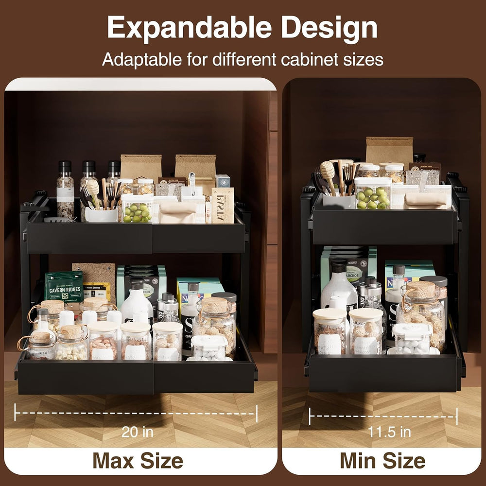2-Tier Expandable Pullout Cabinet Organizer,Adjustable Width Metal Shelves