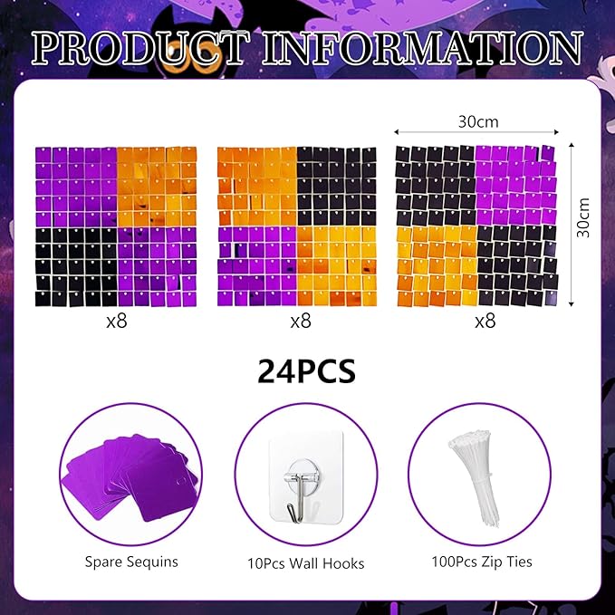 24PCS Black Orange Purple Shimmer Wall Backdrop, Halloween Square Sequin Phot...
